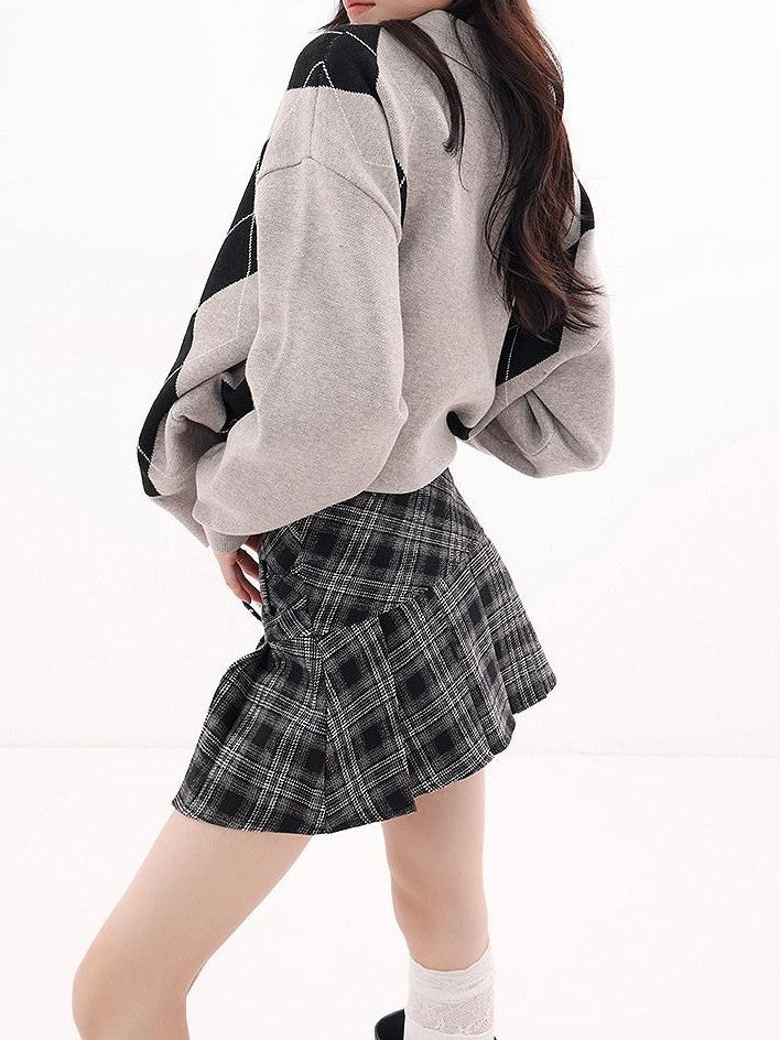 QIUQIU STUDIO Plaid A Line Gathered College Women&