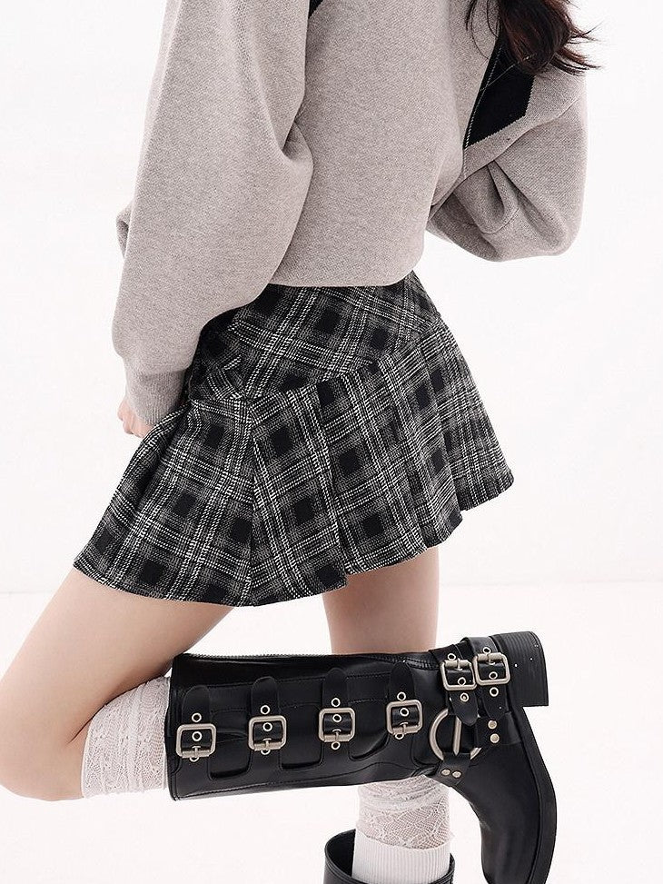QIUQIU STUDIO Plaid A Line Gathered College Women&