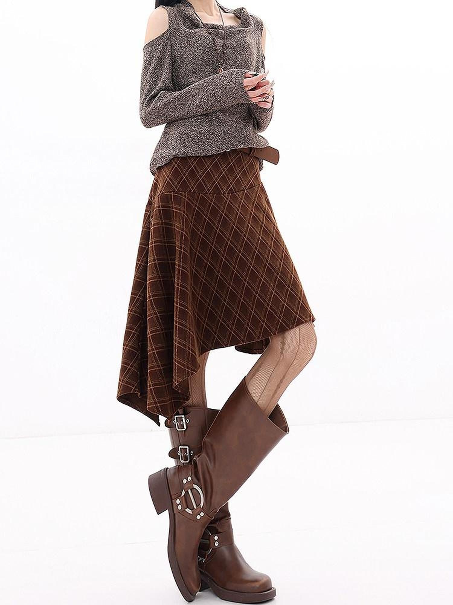 QIUQIU STUDIO Plaid Asymmetric Irregular A Line Women&