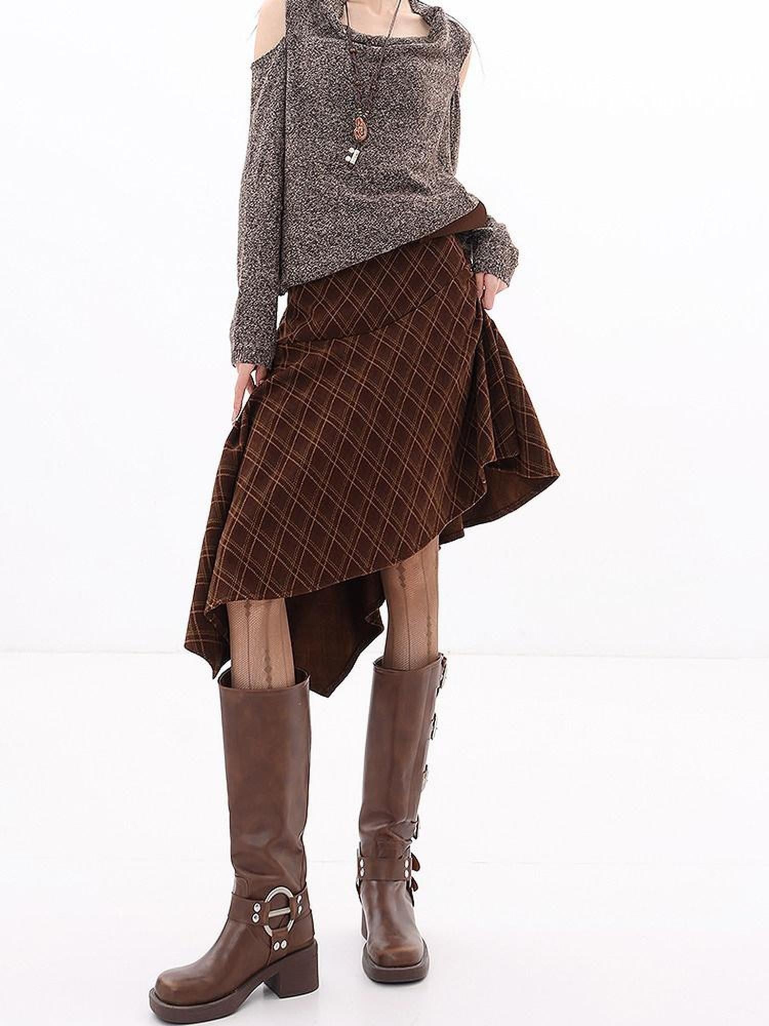 QIUQIU STUDIO Plaid Asymmetric Irregular A Line Women&