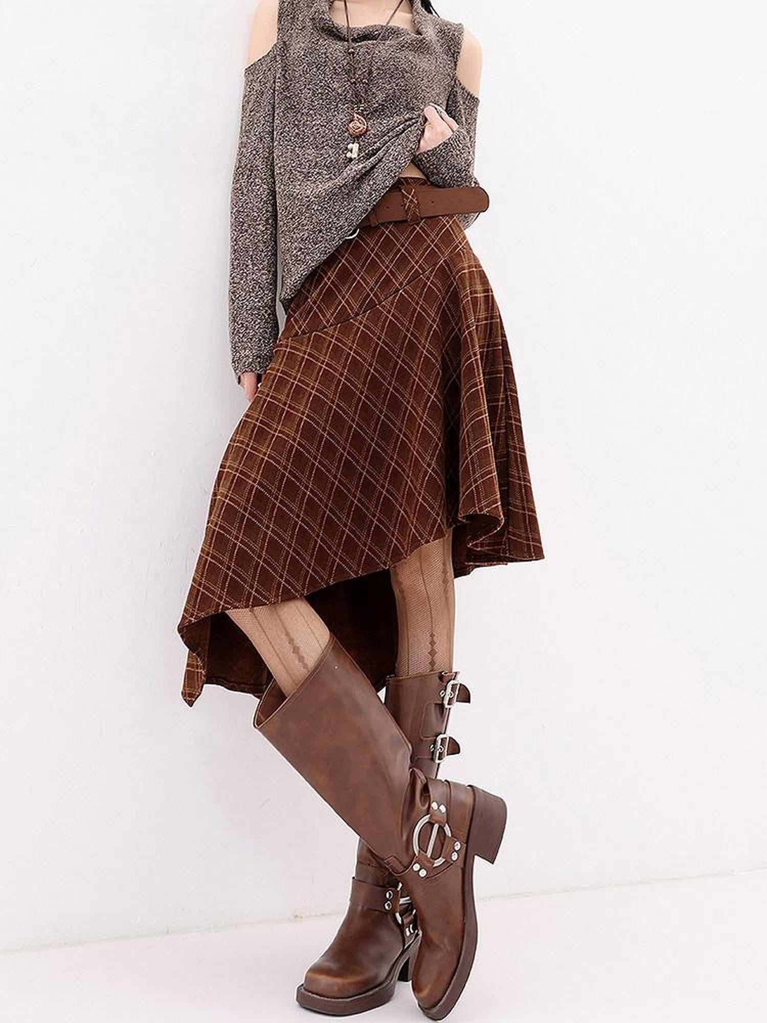 QIUQIU STUDIO Plaid Asymmetric Irregular A Line Women&