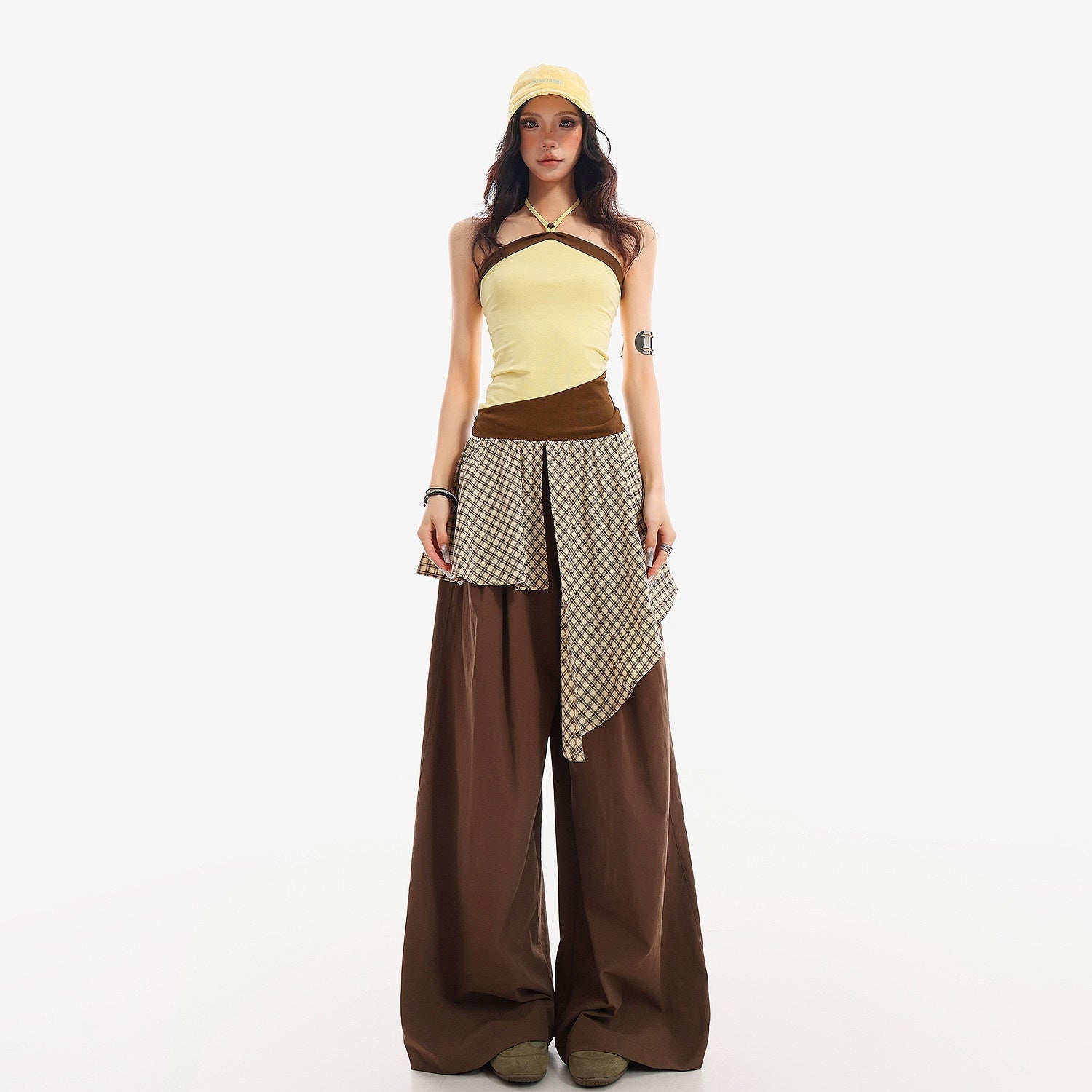 QIUQIU_STUDIO_Plaid_Asymmetrical_Patchwork_Mid_Rise_Loose_Fit_Women&