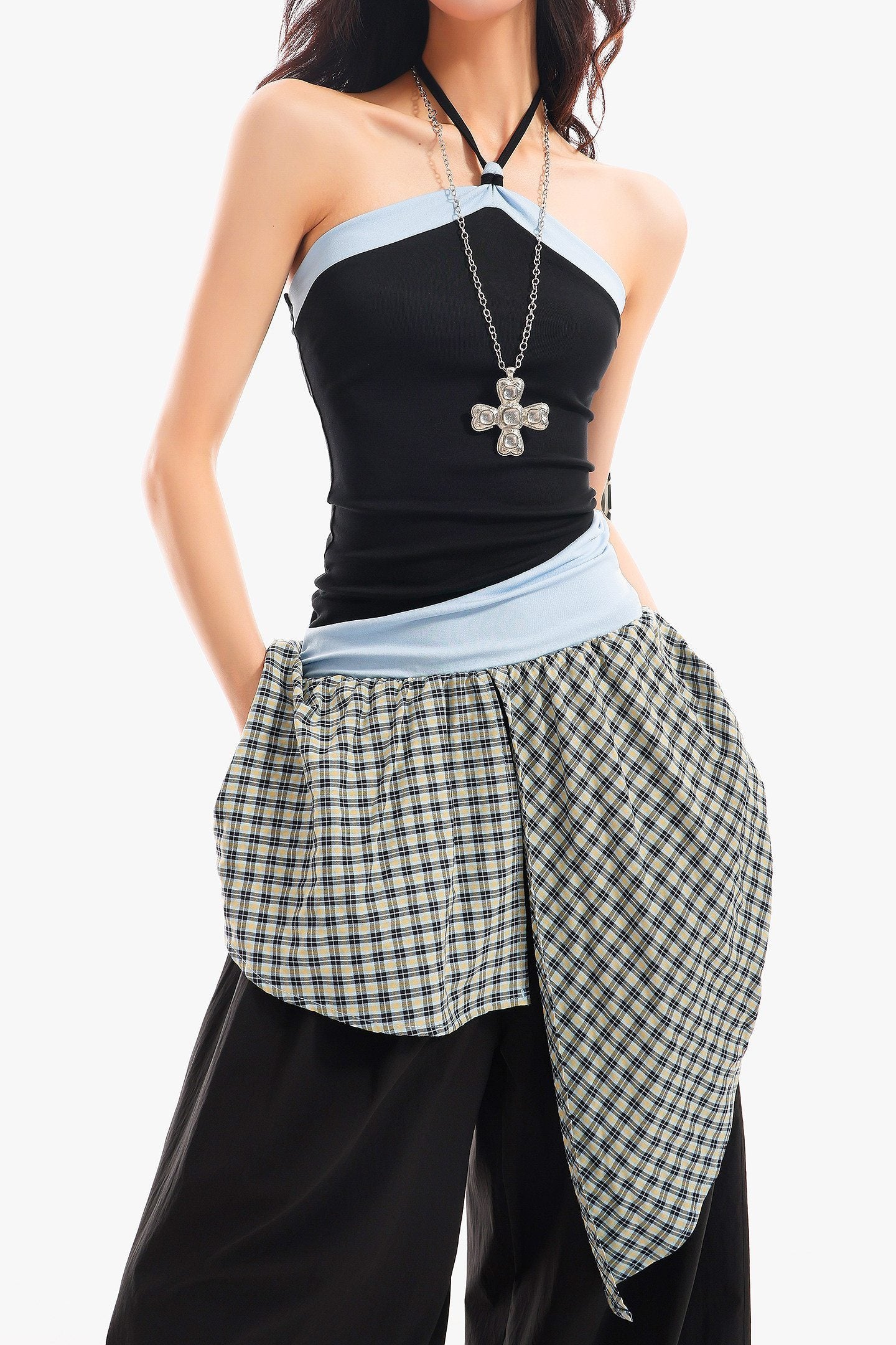 QIUQIU_STUDIO_Plaid_Asymmetrical_Patchwork_Mid_Rise_Loose_Fit_Women&