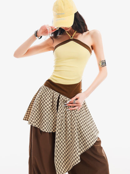 QIUQIU STUDIO Plaid Asymmetrical Patchwork Mid Rise Loose Fit Women&