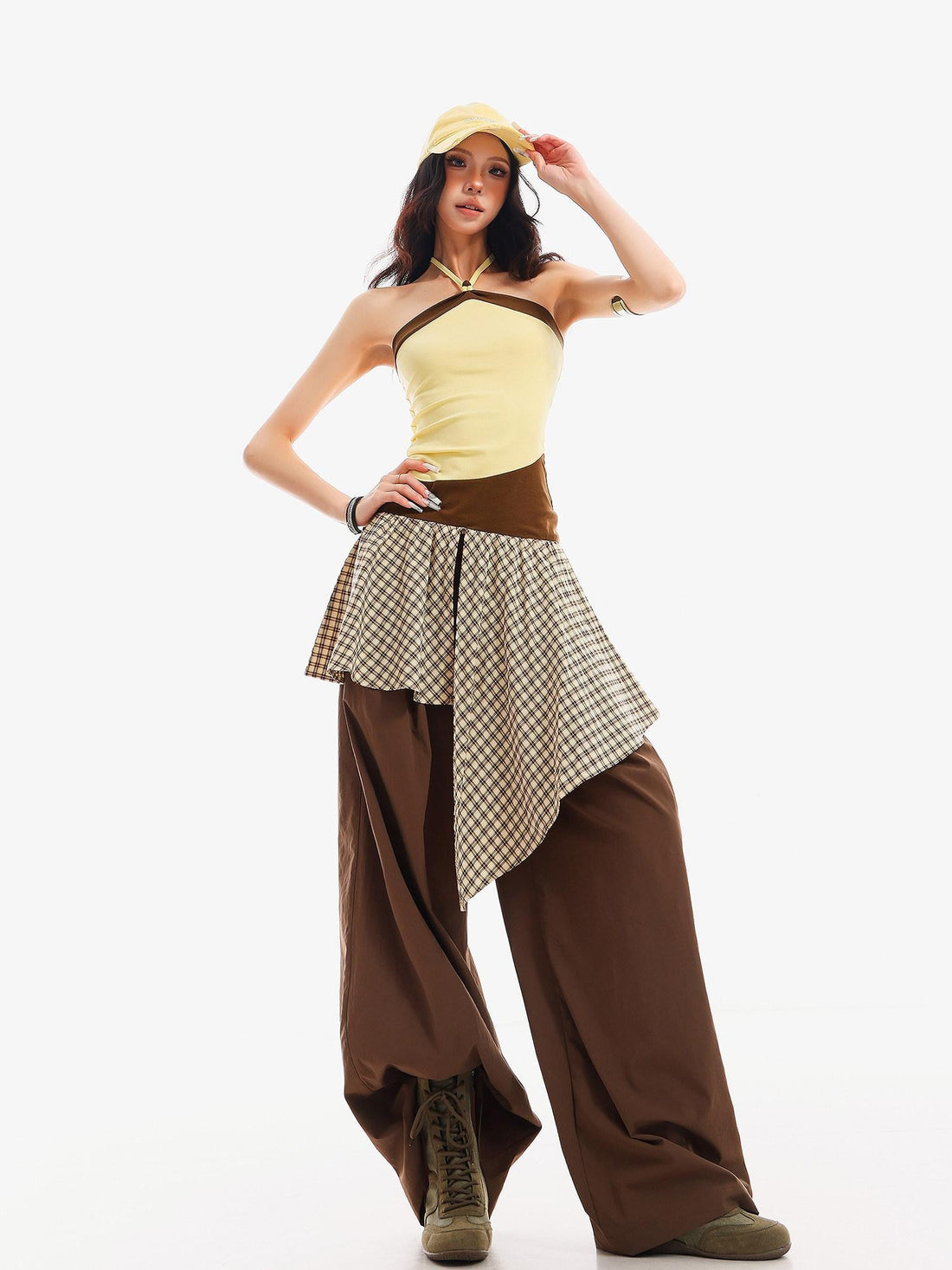 QIUQIU STUDIO Plaid Asymmetrical Patchwork Mid Rise Loose Fit Women&