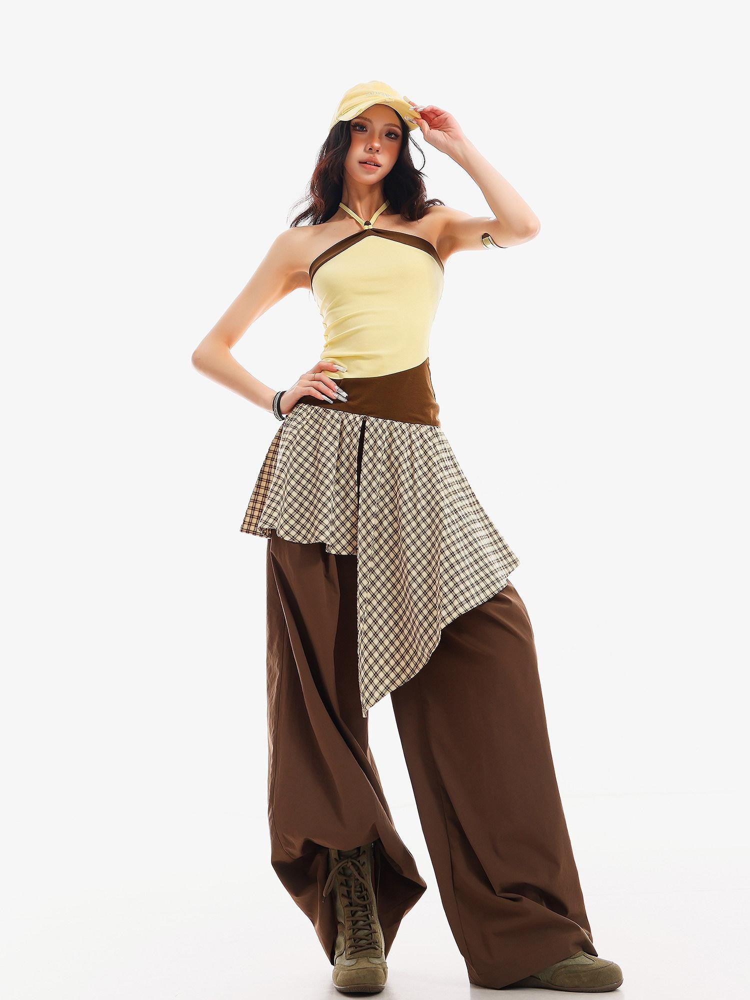 QIUQIU STUDIO Plaid Asymmetrical Patchwork Mid Rise Loose Fit Women&