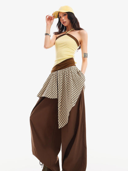 QIUQIU STUDIO Plaid Asymmetrical Patchwork Mid Rise Loose Fit Women&
