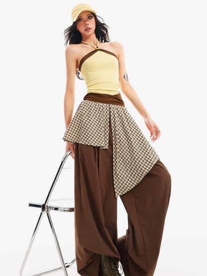 QIUQIU STUDIO Plaid Asymmetrical Patchwork Mid Rise Loose Fit Women&