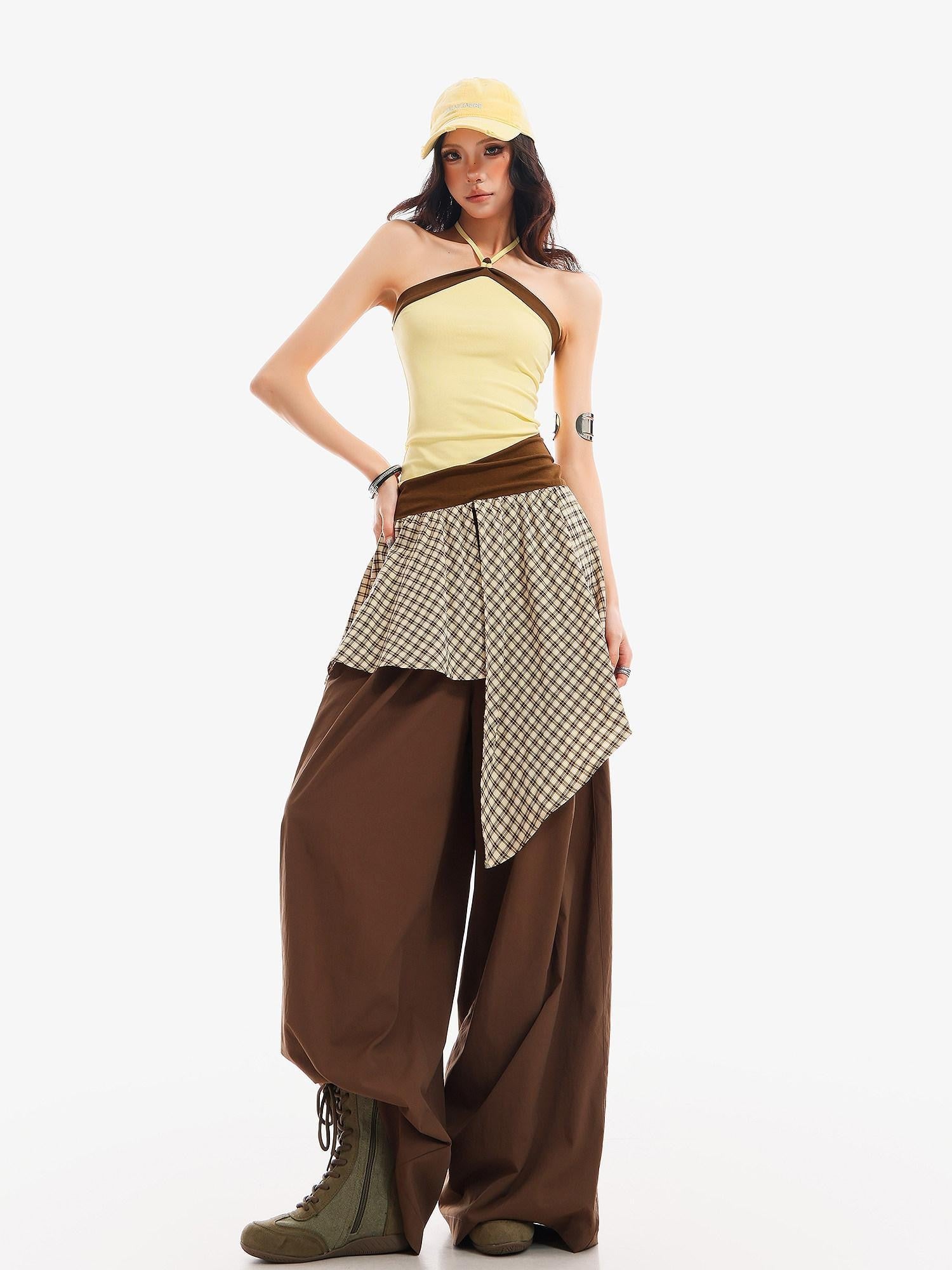 QIUQIU STUDIO Plaid Asymmetrical Patchwork Mid Rise Loose Fit Women&
