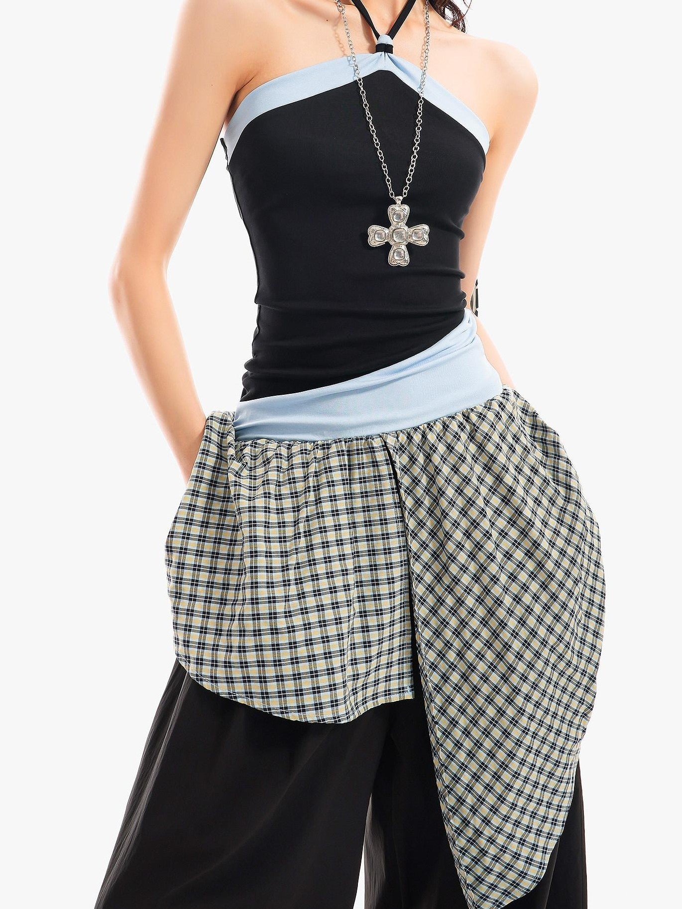 QIUQIU STUDIO Plaid Asymmetrical Patchwork Mid Rise Loose Fit Women&