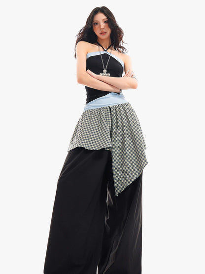 QIUQIU STUDIO Plaid Asymmetrical Patchwork Mid Rise Loose Fit Women&
