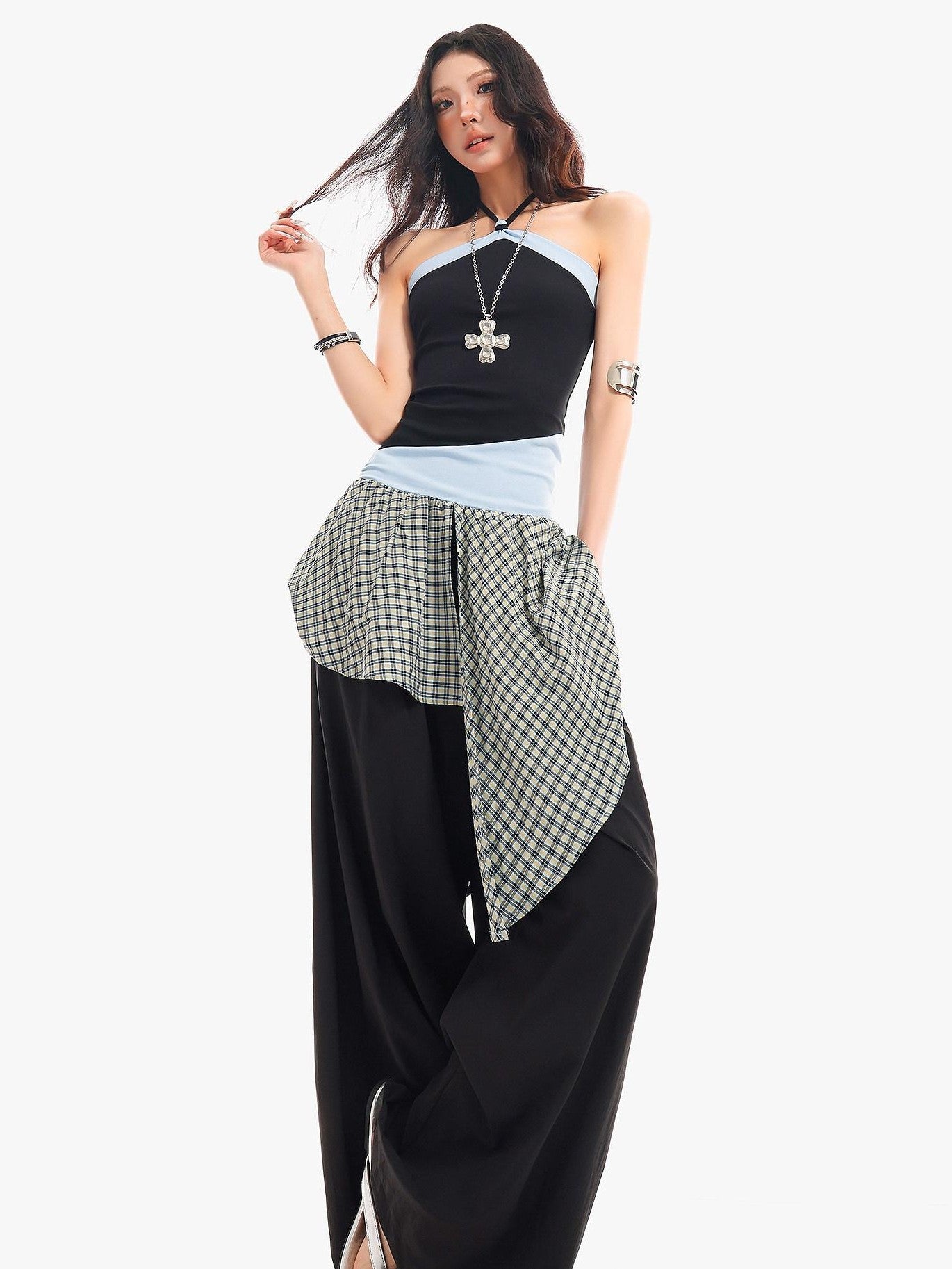 QIUQIU STUDIO Plaid Asymmetrical Patchwork Mid Rise Loose Fit Women&