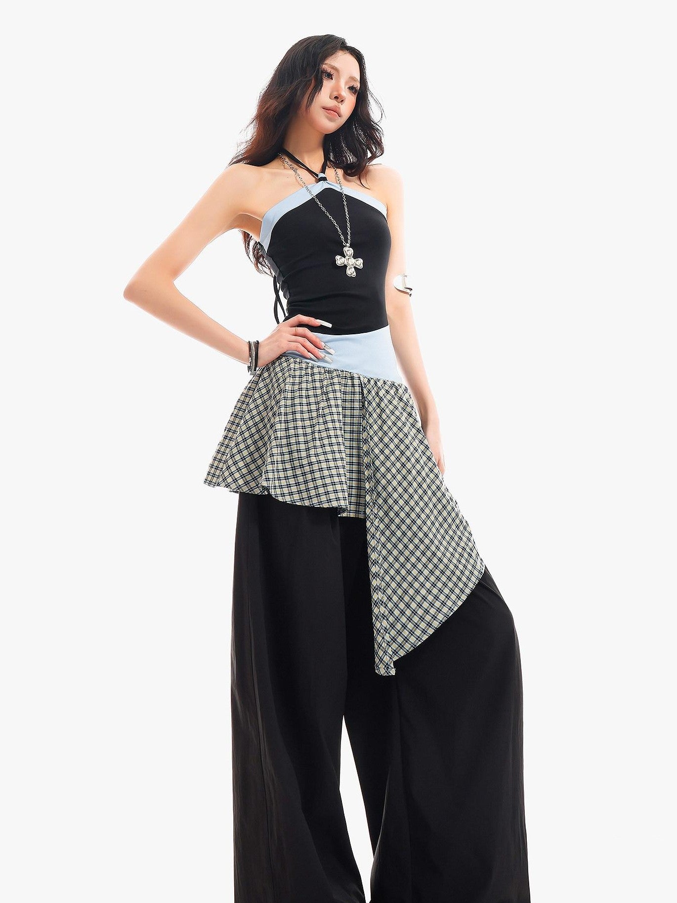 QIUQIU STUDIO Plaid Asymmetrical Patchwork Mid Rise Loose Fit Women&