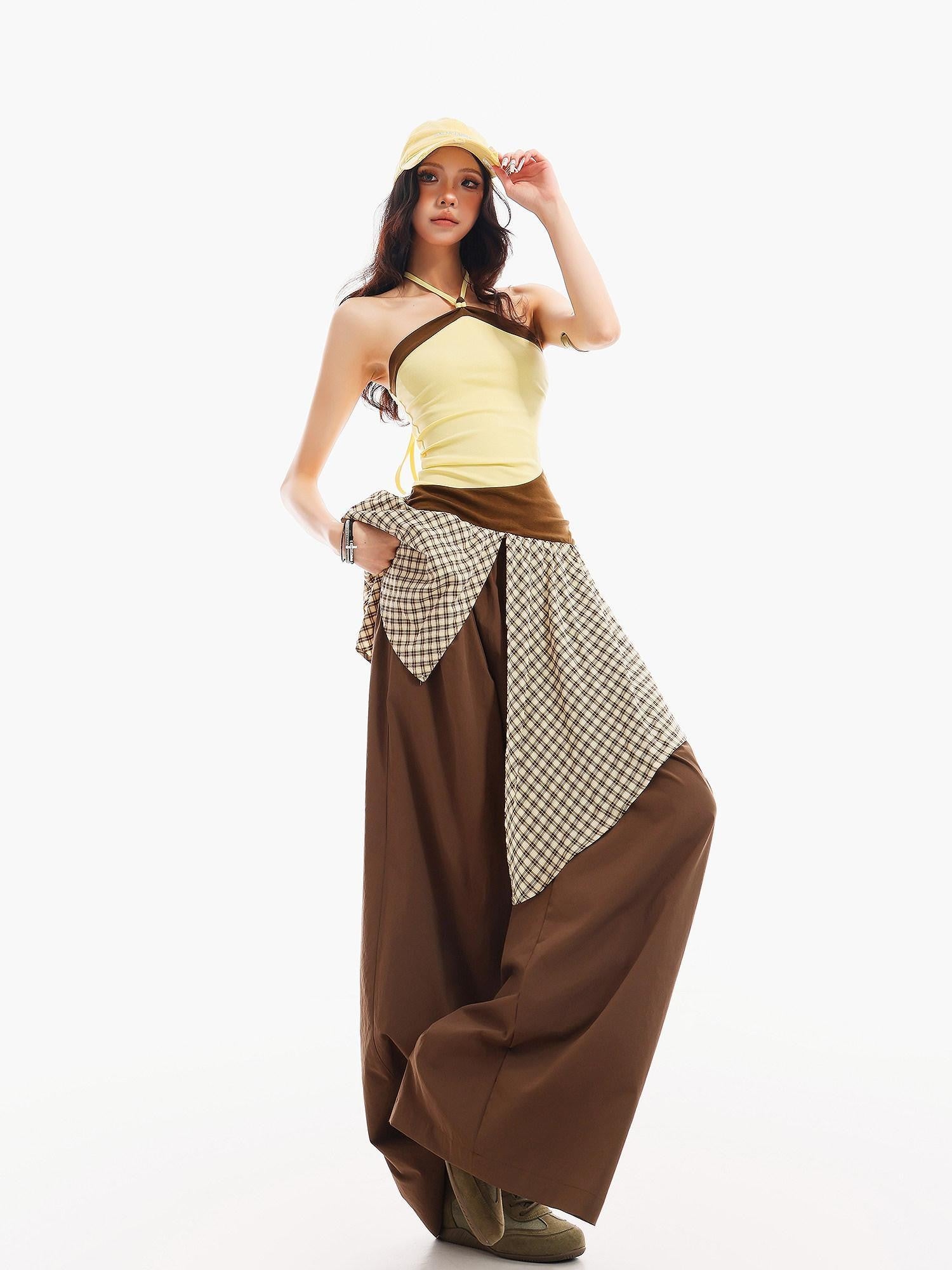 QIUQIU STUDIO Plaid Asymmetrical Patchwork Mid Rise Loose Fit Women&
