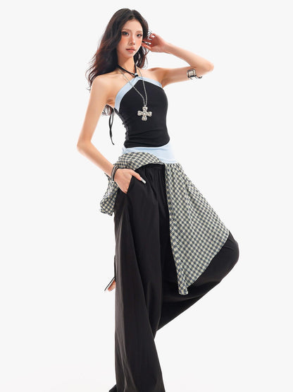 QIUQIU STUDIO Plaid Asymmetrical Patchwork Mid Rise Loose Fit Women&