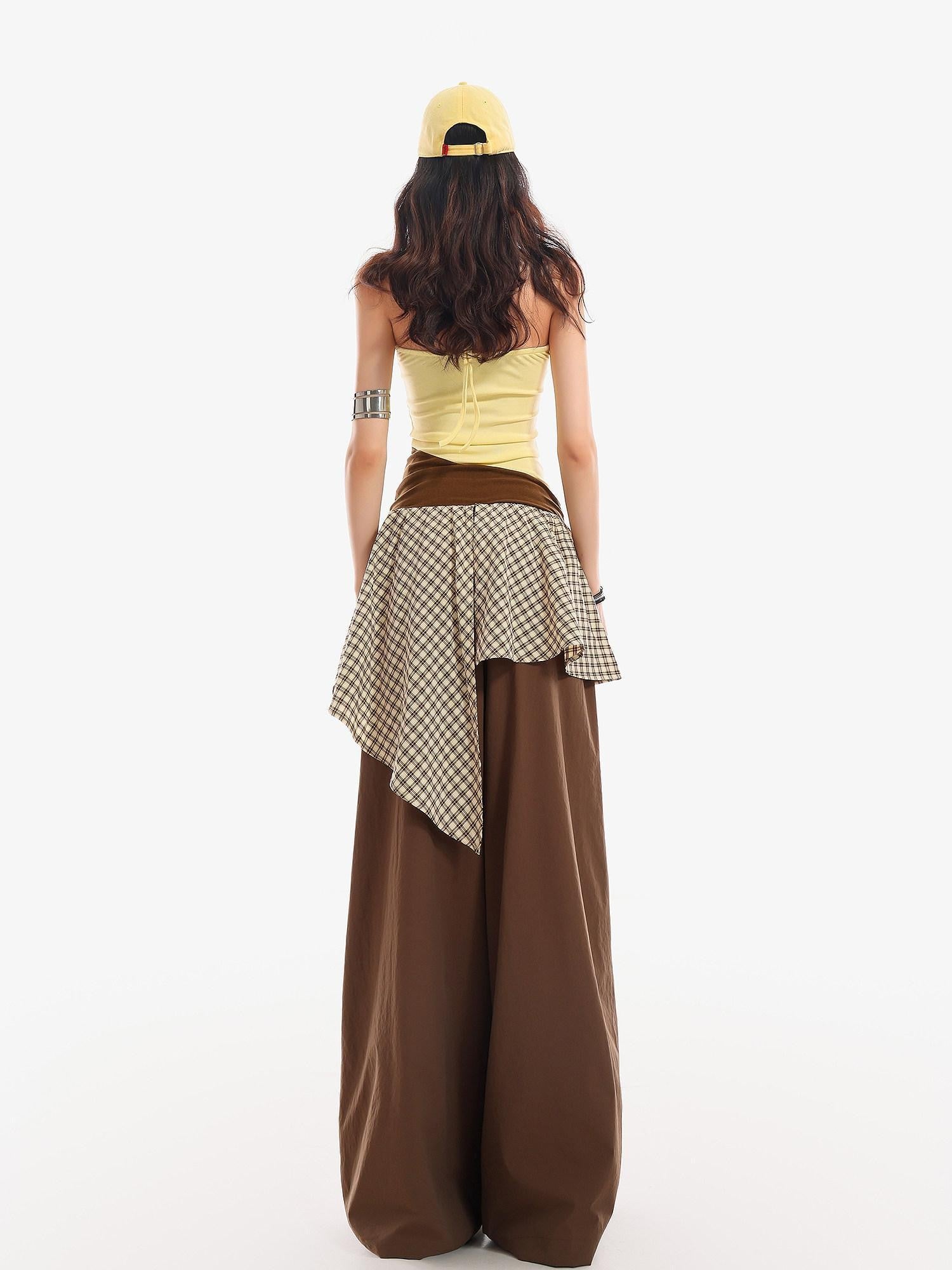 QIUQIU STUDIO Plaid Asymmetrical Patchwork Mid Rise Loose Fit Women&