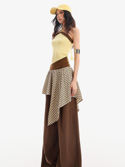 QIUQIU STUDIO Plaid Asymmetrical Patchwork Mid Rise Loose Fit Women&