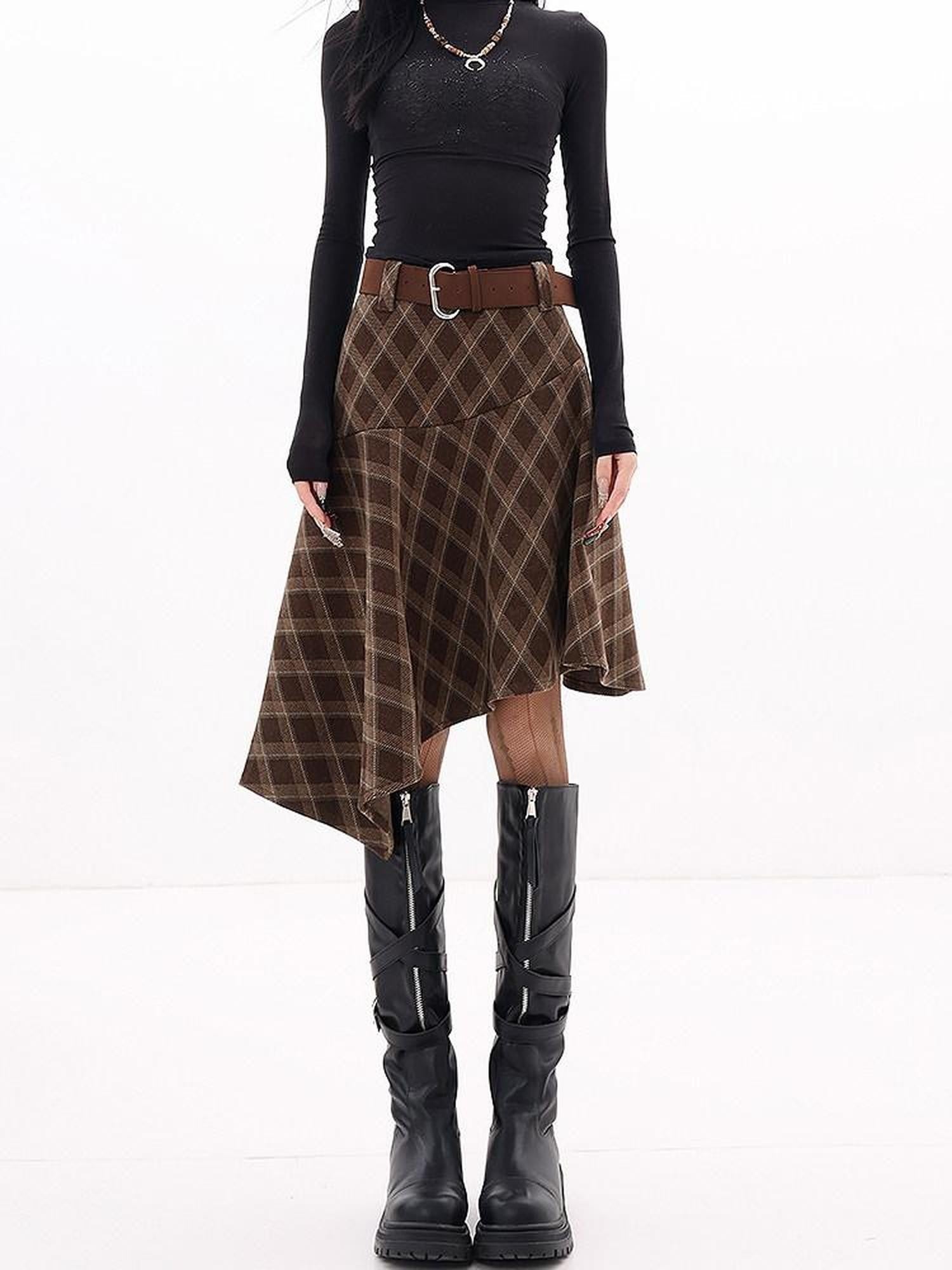 QIUQIU STUDIO Plaid Brushed Irregular Hem Belted Women&