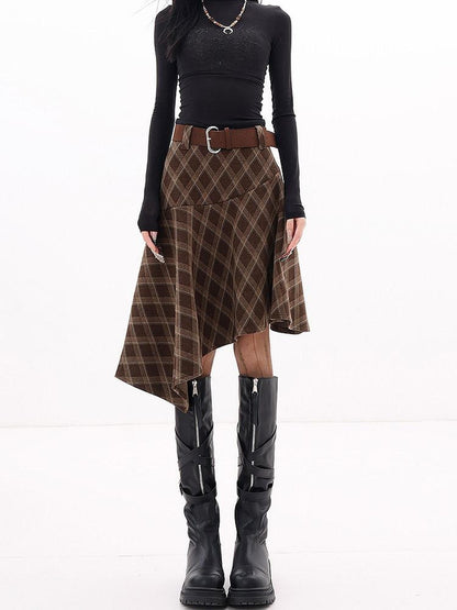 QIUQIU STUDIO Plaid Brushed Irregular Hem Belted Women&