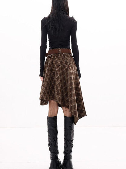 QIUQIU STUDIO Plaid Brushed Irregular Hem Belted Women&