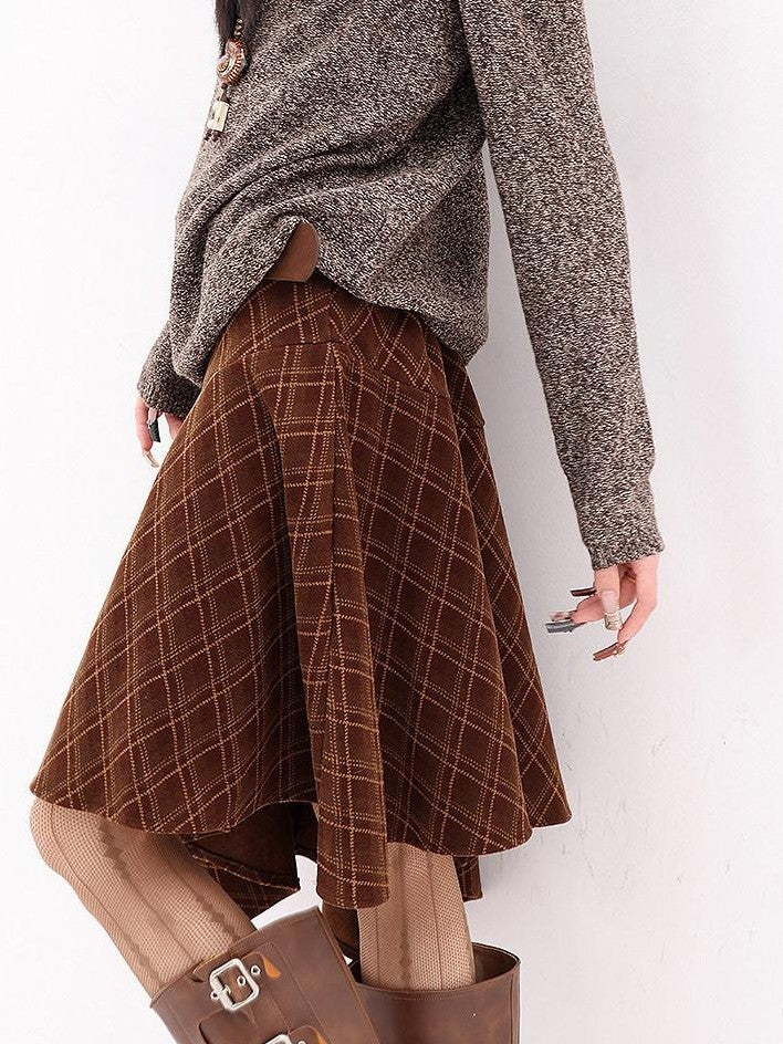 QIUQIU STUDIO Plaid Brushed Irregular Hem Belted Women&