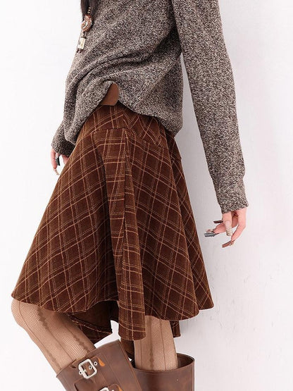 QIUQIU STUDIO Plaid Brushed Irregular Hem Belted Women&