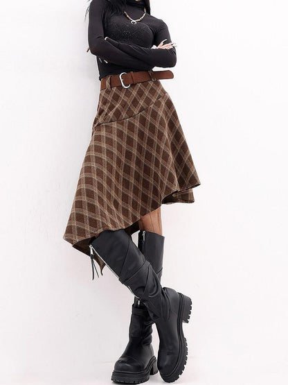 QIUQIU STUDIO Plaid Brushed Irregular Hem Belted Women&