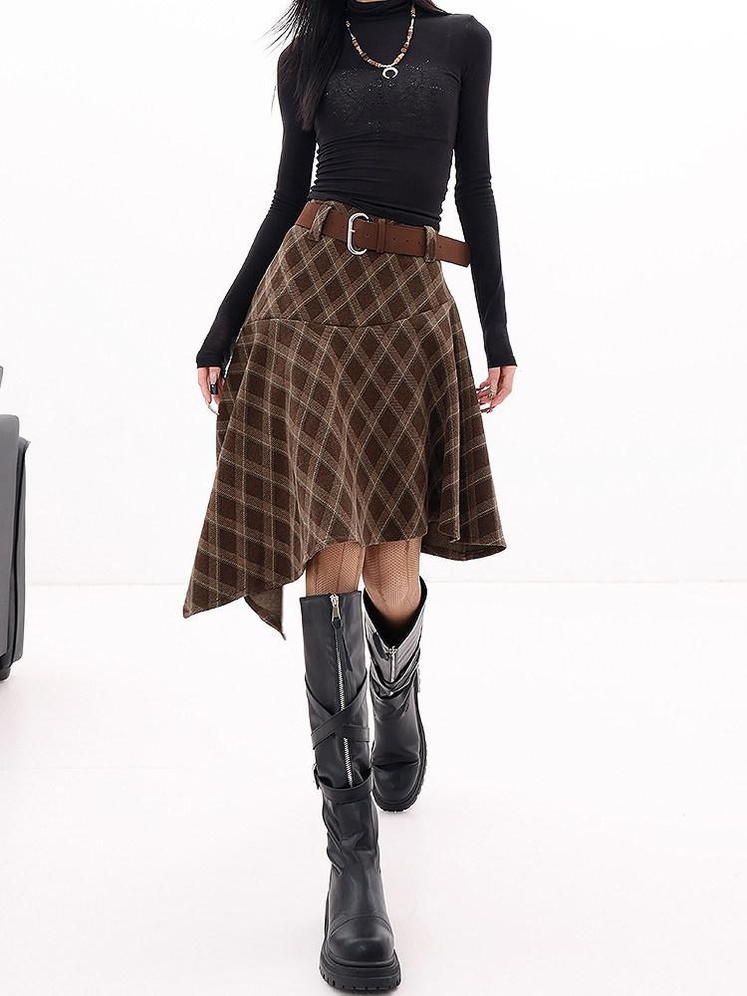 QIUQIU STUDIO Plaid Brushed Irregular Hem Belted Women&