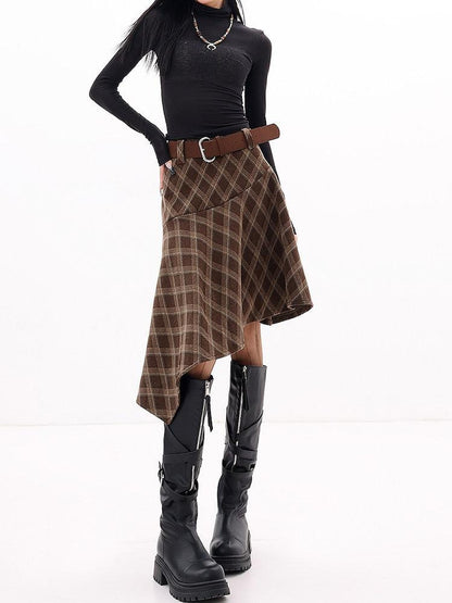 QIUQIU STUDIO Plaid Brushed Irregular Hem Belted Women&