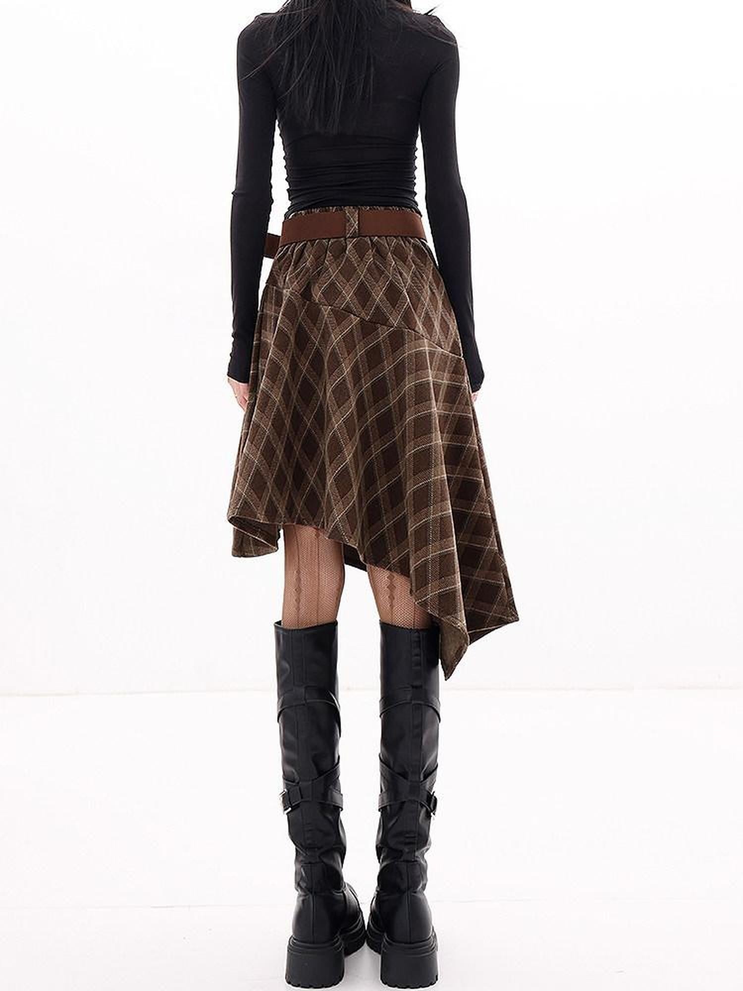 QIUQIU STUDIO Plaid Brushed Irregular Hem Belted Women&
