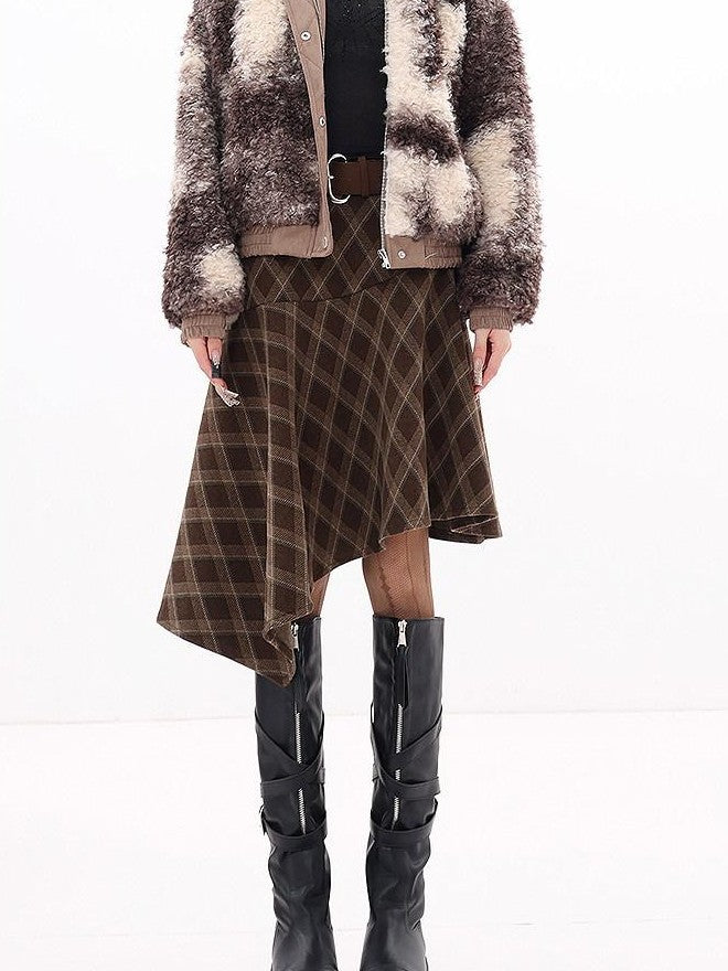 QIUQIU STUDIO Plaid Brushed Irregular Hem Belted Women&