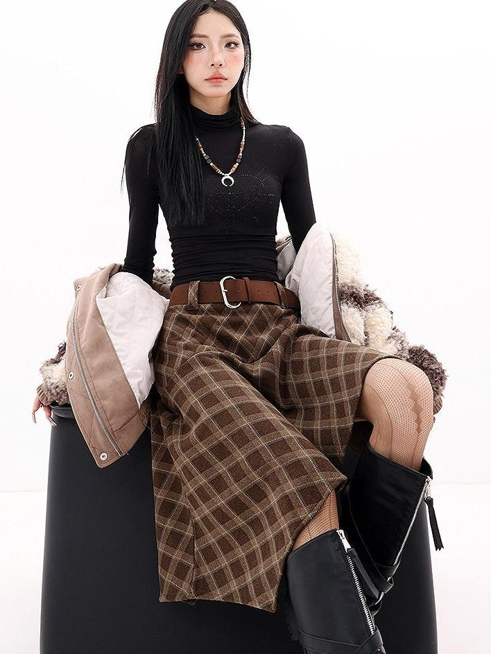 QIUQIU STUDIO Plaid Brushed Irregular Hem Belted Women&