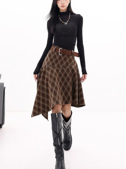 QIUQIU STUDIO Plaid Brushed Irregular Hem Belted Women&