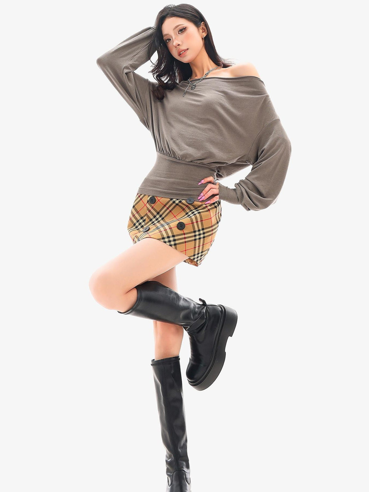 QIUQIU STUDIO Plaid Button A Line Bodycon Women&