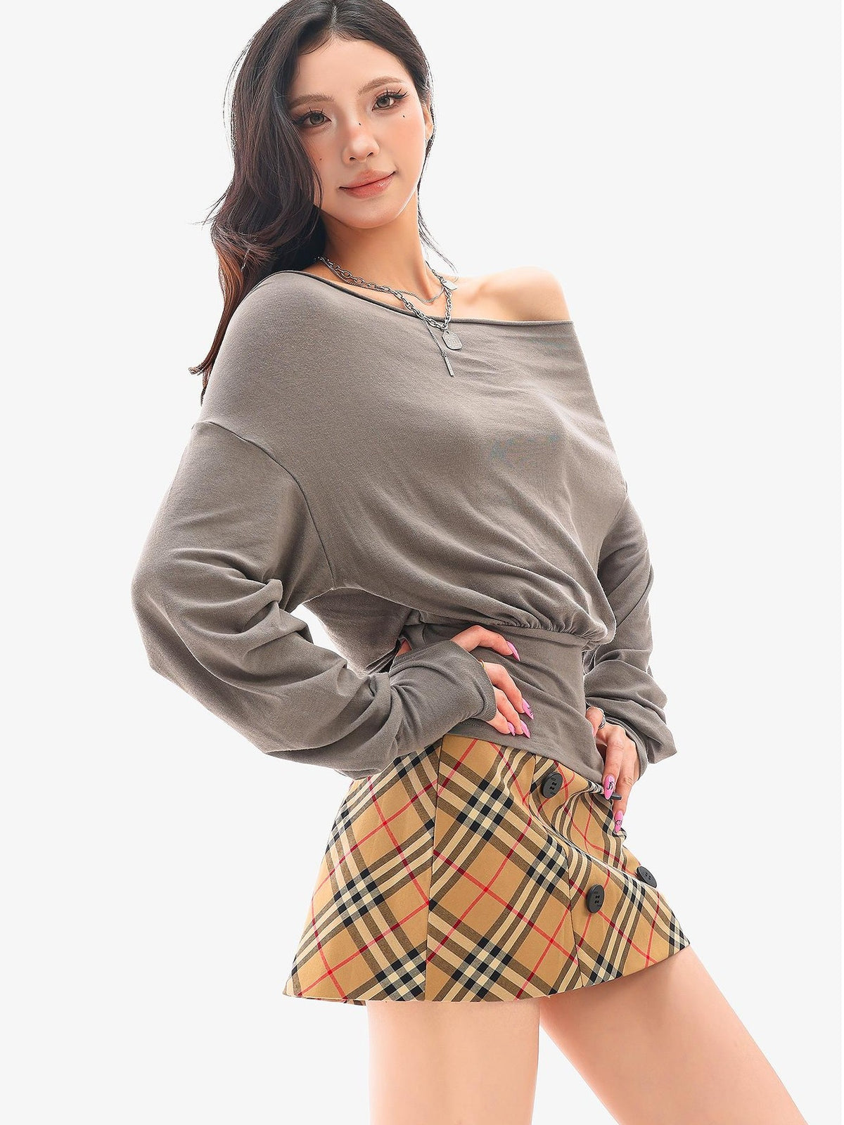 QIUQIU STUDIO Plaid Button A Line Bodycon Women&