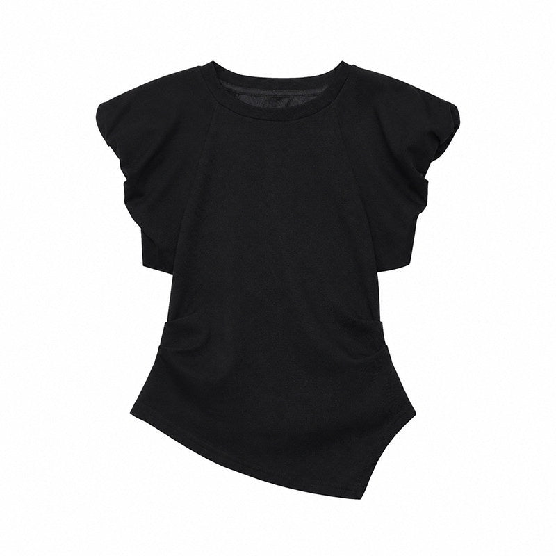 QIUQIU_STUDIO_Plaid_Irregular_Hem_Ruched_Puff_Sleeve_Crew_Neck_Women&