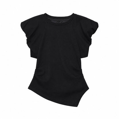 QIUQIU_STUDIO_Plaid_Irregular_Hem_Ruched_Puff_Sleeve_Crew_Neck_Women&
