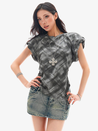 QIUQIU STUDIO Plaid Irregular Hem Ruched Puff Sleeve Crew Neck Women&