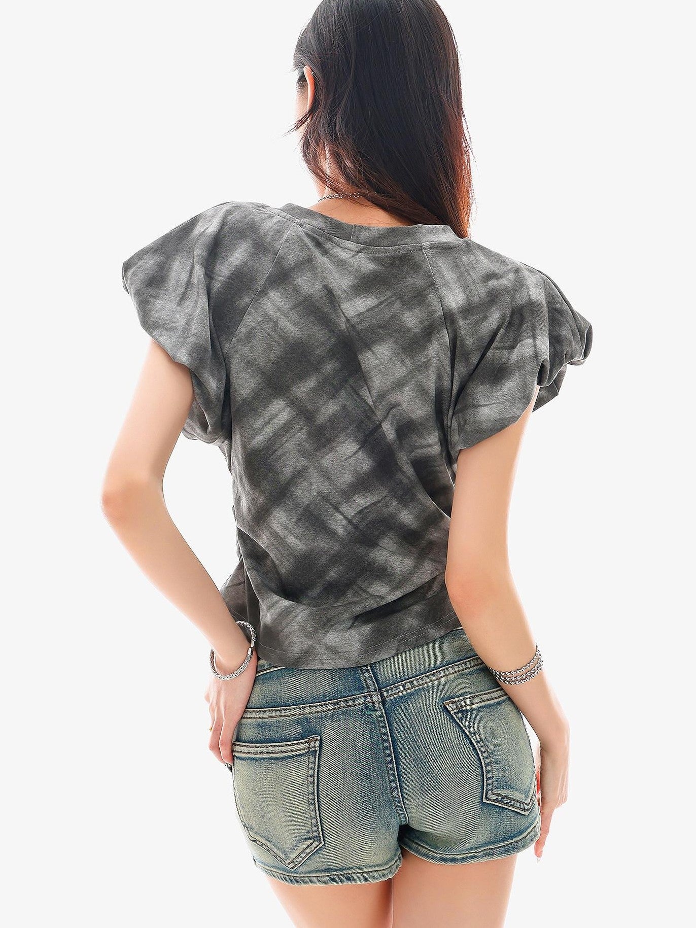 QIUQIU STUDIO Plaid Irregular Hem Ruched Puff Sleeve Crew Neck Women&