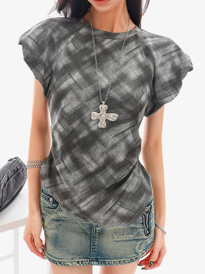 QIUQIU STUDIO Plaid Irregular Hem Ruched Puff Sleeve Crew Neck Women&