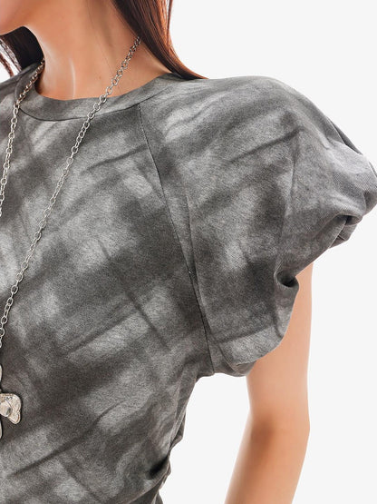 QIUQIU STUDIO Plaid Irregular Hem Ruched Puff Sleeve Crew Neck Women&