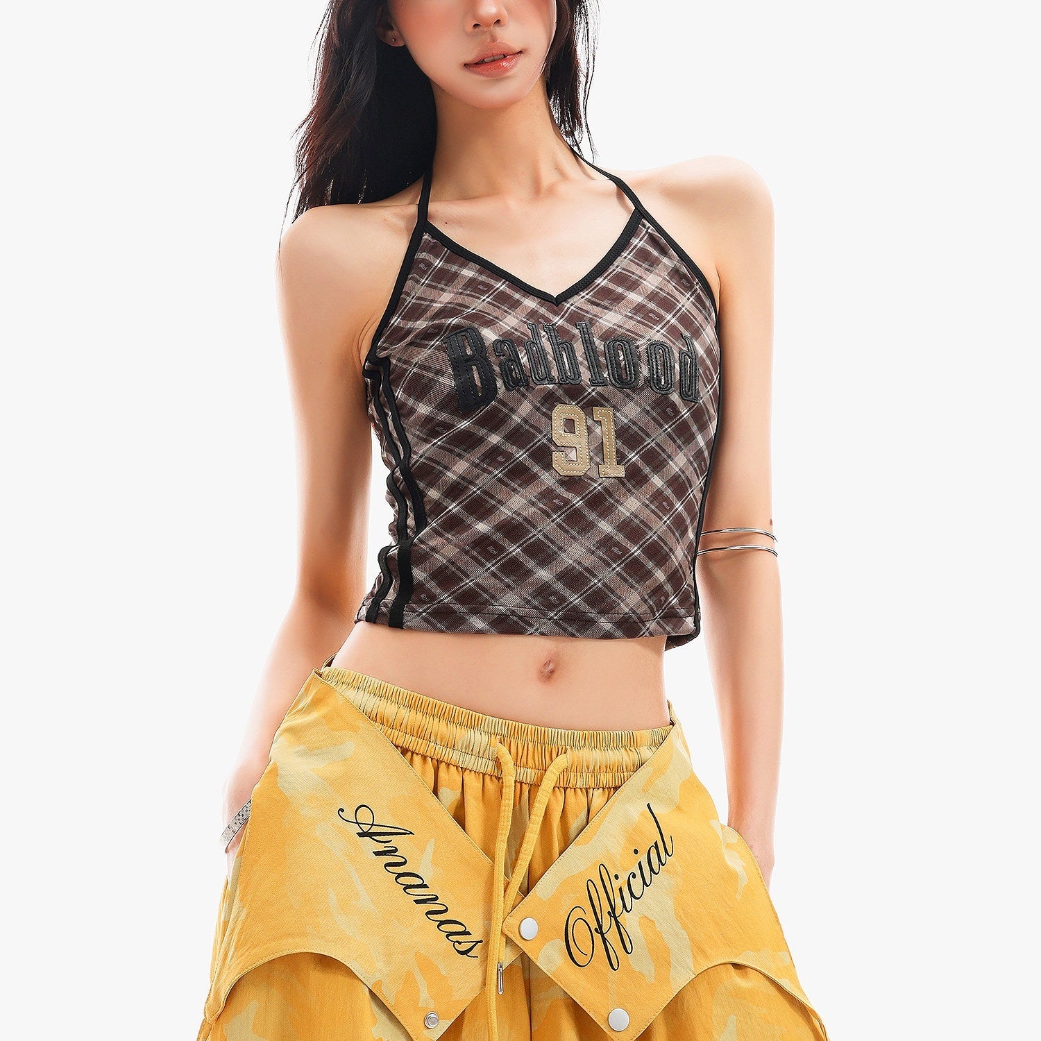 QIUQIU_STUDIO_Plaid_Letter_Print_V-neck_Tie_Neck_Slim_Short_Women&