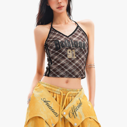 QIUQIU_STUDIO_Plaid_Letter_Print_V-neck_Tie_Neck_Slim_Short_Women&