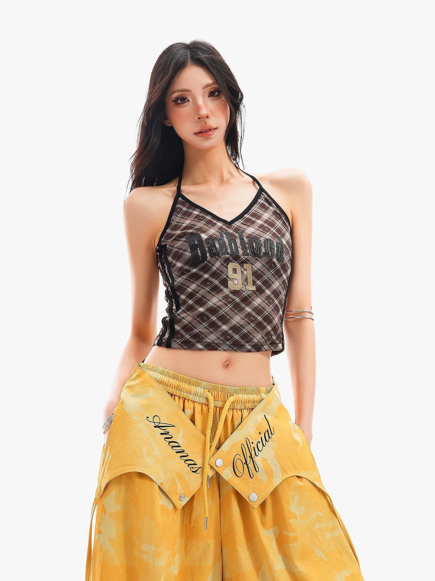 QIUQIU STUDIO Plaid Letter Print V-neck Tie Neck Slim Short Women&