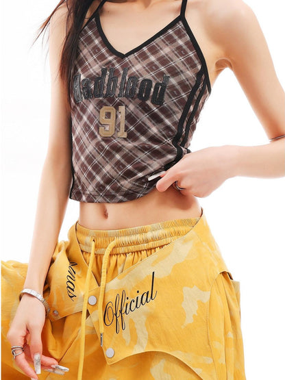 QIUQIU STUDIO Plaid Letter Print V-neck Tie Neck Slim Short Women&