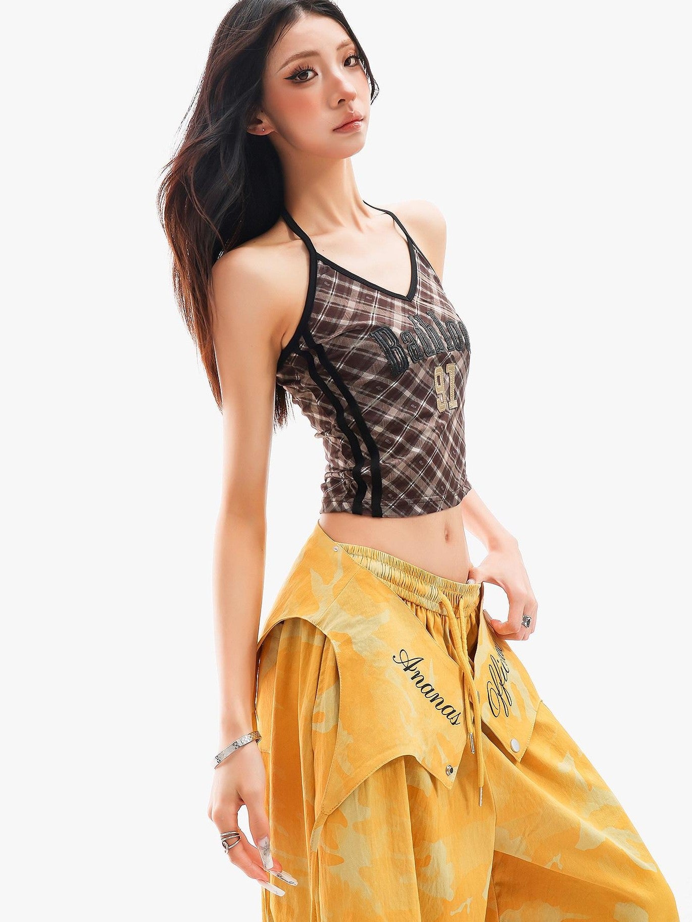QIUQIU STUDIO Plaid Letter Print V-neck Tie Neck Slim Short Women&