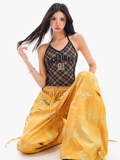 QIUQIU STUDIO Plaid Letter Print V-neck Tie Neck Slim Short Women&