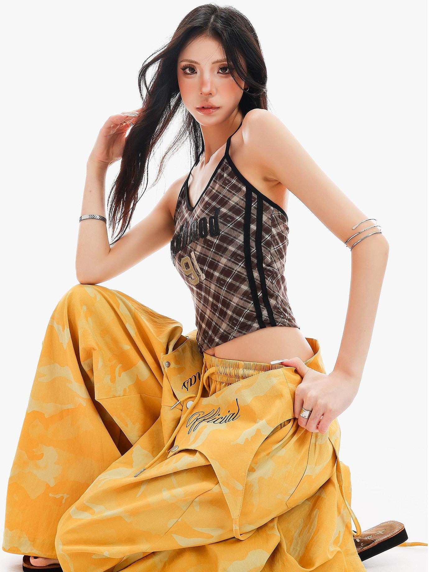 QIUQIU STUDIO Plaid Letter Print V-neck Tie Neck Slim Short Women&