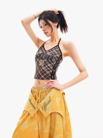 QIUQIU STUDIO Plaid Letter Print V-neck Tie Neck Slim Short Women&
