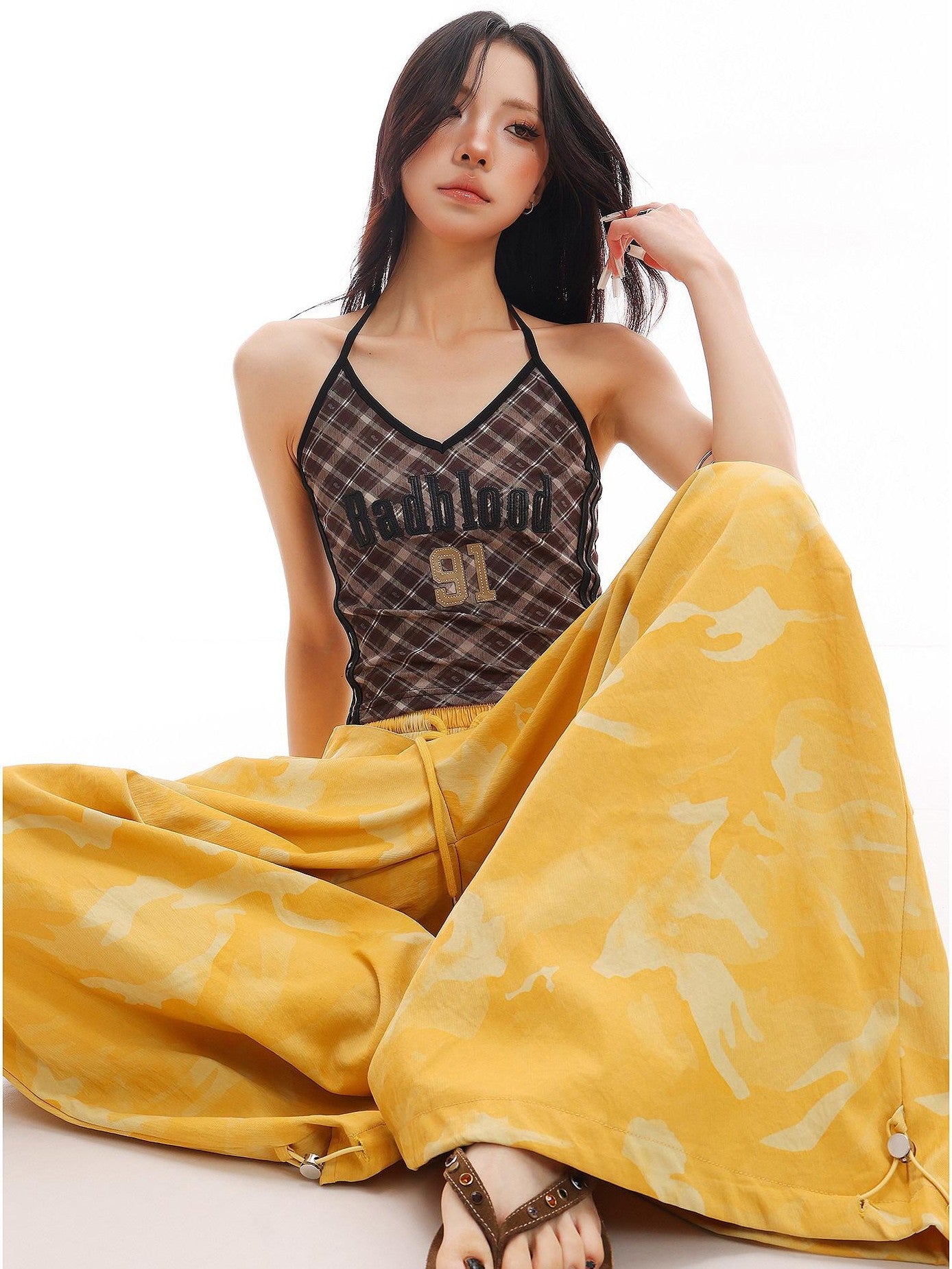 QIUQIU STUDIO Plaid Letter Print V-neck Tie Neck Slim Short Women&